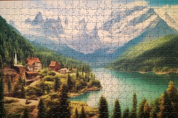 A puzzle with unfinished landscape, jigsaw, mountains, lake, leisure. Generative AI - obrazy, fototapety, plakaty