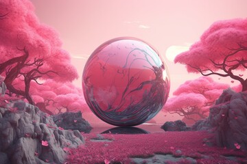 A pink planet-like sphere encircled by pink flora, with a visually appealing tech-inspired backdrop. Generative AI