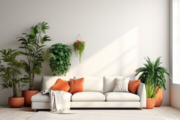 Vibrant mockup of a living room wall with sofa, plant, and white background. Generative AI