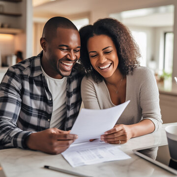 A Happy Couple Reviewing A Document. Money Savings, Investment, Retirement, Loan Concept.
