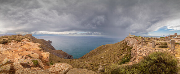 Panoramic view of the Mesa de Roldan Lighthouse viewpoint, it is a volcanic dome with a flat top located in the province of Almería, in Spain. It is in the Cabo de Gata-Níjar natural park.