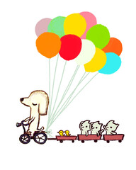 child riding bicycle ,with friend .  colorful illustration.