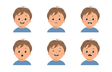 Face expressions boy kid. Different children's emotions set. Vector illustration