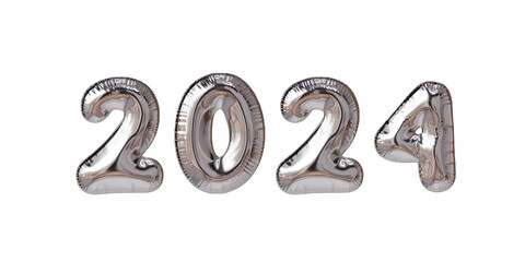 Metallic Silver Balloon 2024 3D shape for New Year's Eve. Celebration of the year 2024, new year party.
