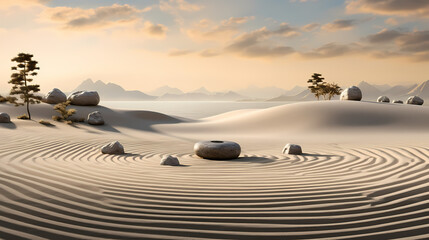 A captivating scene of a tranquil Zen garden, with meticulously raked sand and precisely placed stones, embodying peace and mindfulness - obrazy, fototapety, plakaty