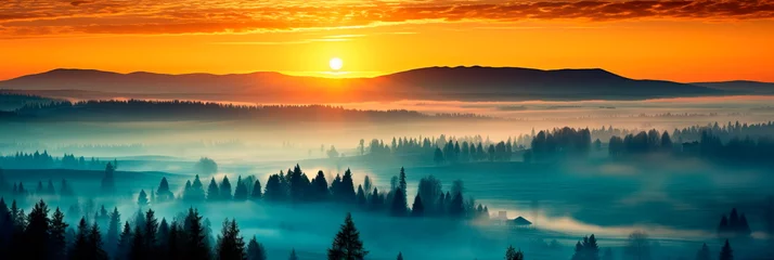 Fotobehang Peaceful scenes where landscapes are veiled in morning mist and fog. © Maximusdn