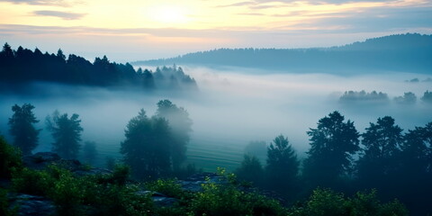 Peaceful scenes where landscapes are veiled in morning mist and fog.