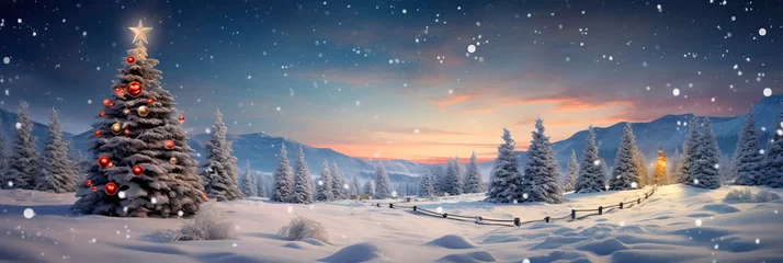 Foto auf Acrylglas Nachtblau joyful winter celebration with Christmas tree and winter decor creating a festive and cozy atmosphere on the snowy surface.