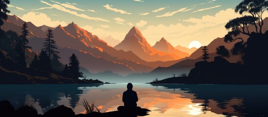 Digital illustration of a meditating yogi in nature near a lake and mountains