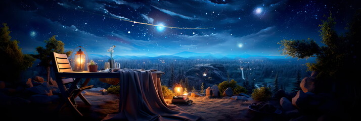 A romantic evening under a starry sky with cozy blankets.