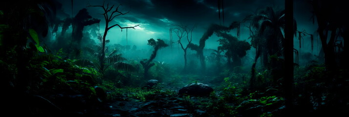 A dark and mysterious theme that brings a sensibility to the tropical landscapes, emphasizing intrigue and suspense.