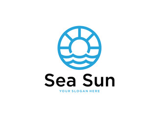 clean ocean sea sun with simple line logo design