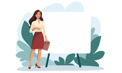 Flat vector illustration. A woman stands next to the banner and smiles, giving a presentation. Presentation and banner for a web site. Place for your text on the banner . Vector illustration