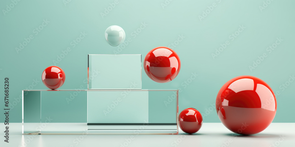 Poster a group of red balls sitting on top of a table. surreal balanced composition.