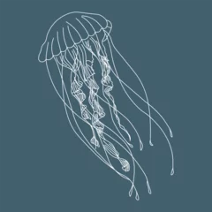 Fotobehang Illustration, contour jellyfish on a blue background. Print, sketch, vector © Tatiana