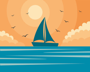 Seascape. Nautical illustration, a sailboat and seagulls on a sunset background. Wall art, illustration, vector - obrazy, fototapety, plakaty