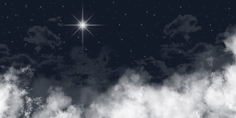 Star of Bethlehem in the night sky. Clouds and stars at night. A Christmas star announcing the birth of Jesus. - obrazy, fototapety, plakaty