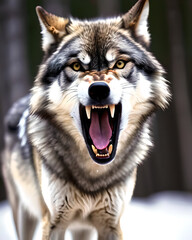 Agressive  grey wolf growl at photographer