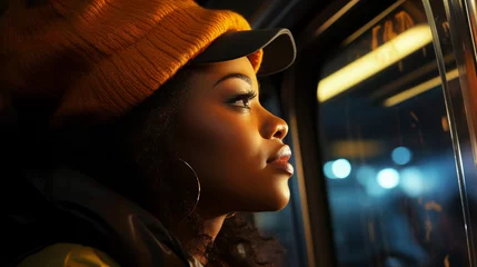 Poster A woman on a train looking out the window, wearing an orange knitted hat in the style of hip hop aesthetics, captured the essence of the moment. Afro-Caribbean influence © EdwinGrandas