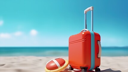 suitcase and summer time in beach background, travel concept 