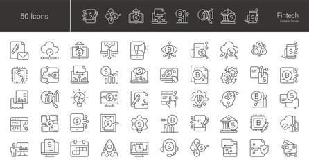 Fintech icon set. 50 editable stroke vector graphic elements, stock illustration Icon, Stock Market and Exchange, Financial Technology, Technology, Budget