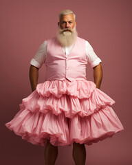  grey haired bearded fat man in a pink ballerina tutu on a pink background.concept of individuality and difference - obrazy, fototapety, plakaty