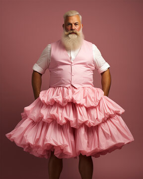  grey haired bearded fat man in a pink ballerina tutu on a pink background.concept of individuality and difference