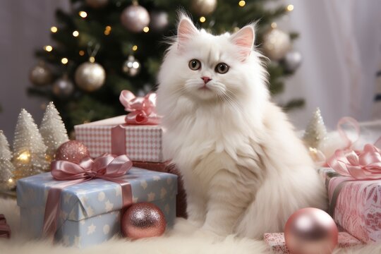 A white cat sits under a Christmas tree in a pile of Christmas gifts. Cute pets for Christmas card. Space for text for Christmas card or banner. Copyspace