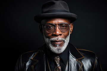 60 year old fashionable hipster African American man portrait on black background