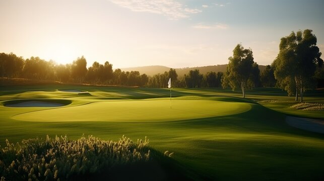 Golf course at sunset made with Ai generative technology, Property is fictional
