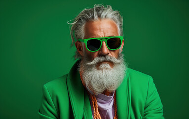60 year old fashionable hipster man portrait on bright green background - obrazy, fototapety, plakaty