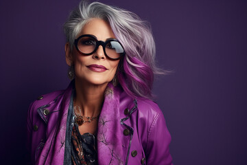 60 year old fashionable hipster woman portrait on purple background