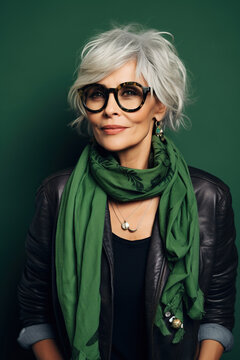60 year old fashionable hipster woman portrait on green background