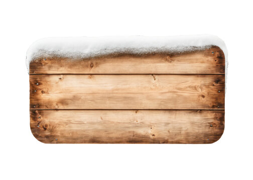 Wooden sign board copy space for text with snow isolated, transparent PNG