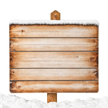 Wooden sign board copy space for text with snow isolated, transparent PNG
