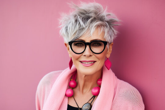 60 year old fashionable hipster woman portrait on pink background