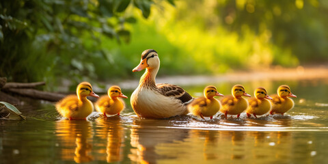 A group of adorable ducklings following their mother. - obrazy, fototapety, plakaty