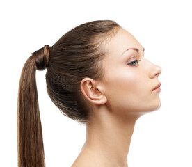 Beauty, hair and profile of woman isolated in studio with salon hairstyle, confidence and...