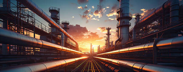 steel long gas or oil pipes in factory against sunset light. copyspace for your text. - obrazy, fototapety, plakaty