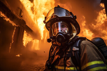 A male firefighter in full gear, including an oxygen mask, standing in front of a burning building with flames and smoke