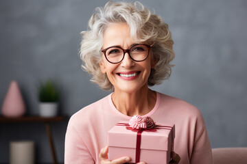 Attractive senior woman in eyeglasses holding birthday cake and smiling