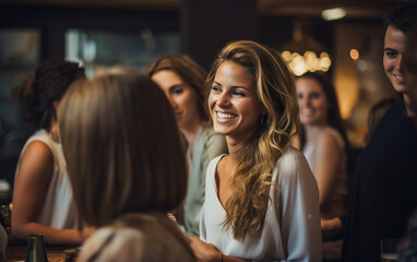 Beautiful gorgeous woman entrepreneur, networking event, talking to other women.