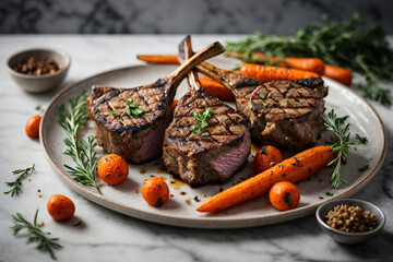Delicious grilled lamb chops with roasted carrots on a chic marble background, food photography, food art Generative AI