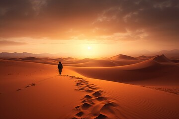 Fototapeta na wymiar Endless Horizons: Footprints in the Golden Sands of Sahara Desert - Ai Generative