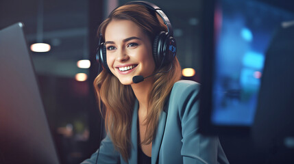 A smiling friendly customer service office woman employee is having a conversation with a customer.