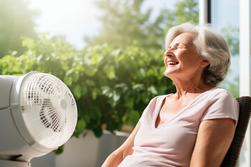 Cheerful carefree senior woman enjoying freshness from electric blower, ventilator