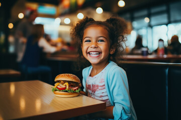 Cheerful little girl eating hamburger in a fast food restaurant