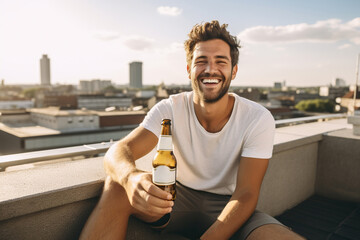 Cheerful young man holding a bottle of beer and smiling while sitting on the rooftop - Powered by Adobe