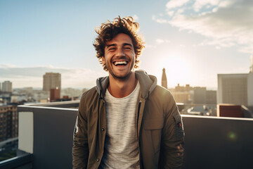 Cheerful young man holding a bottle of beer and smiling while sitting on the rooftop