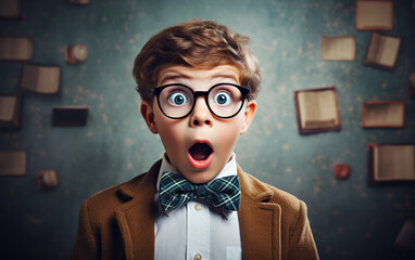 Child schoolboy looks surprised near blackboard at school - Powered by Adobe